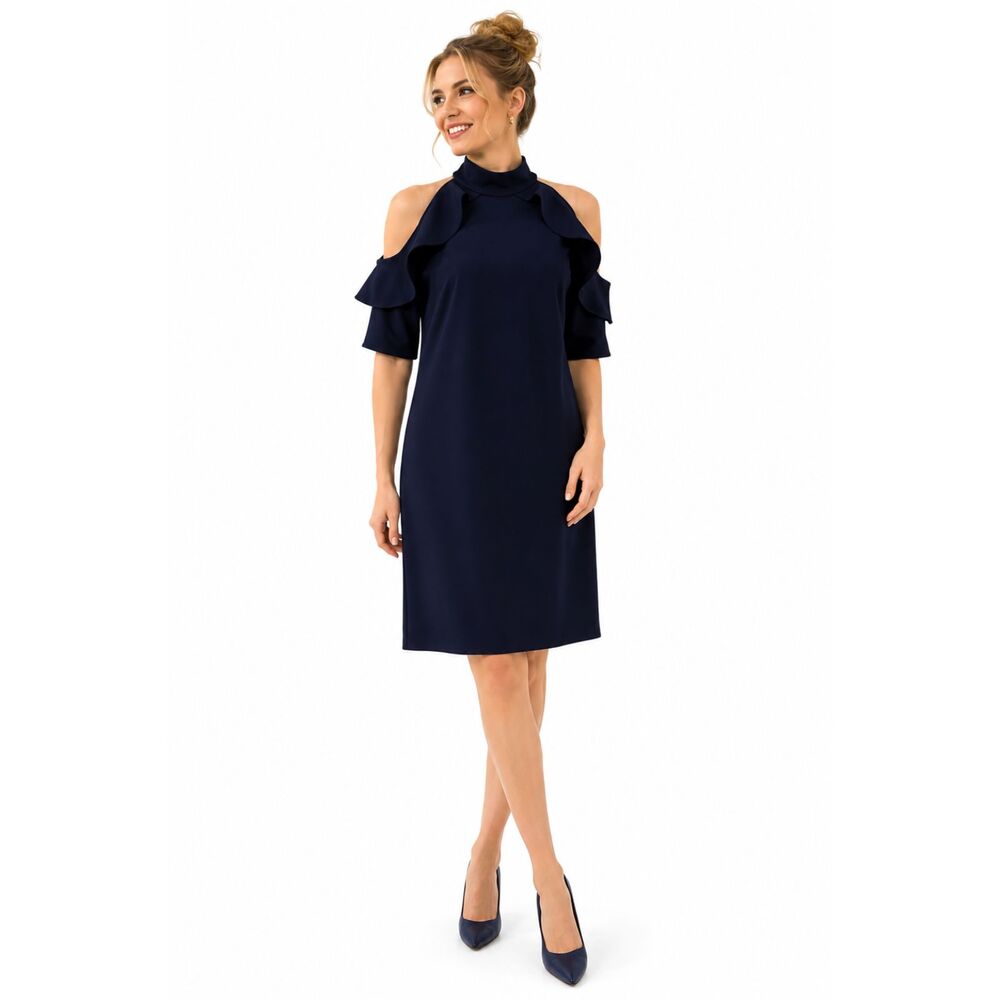 NICOLE MILLER Navy Blue Ruffled Cold Shoulder Knee Length Dress Sz 10
